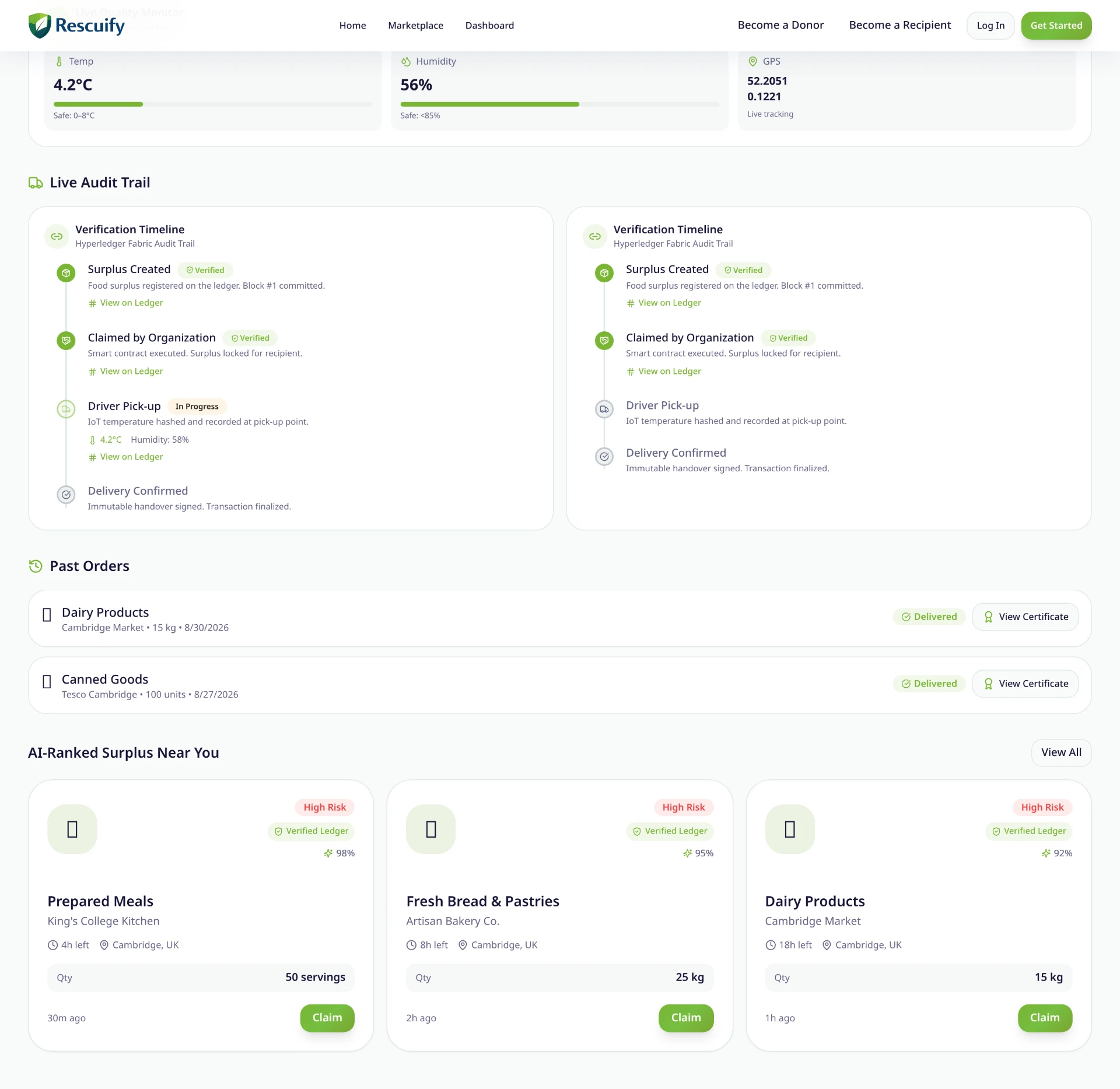 Screenshot: Recipient verification timeline and live cold-chain monitor