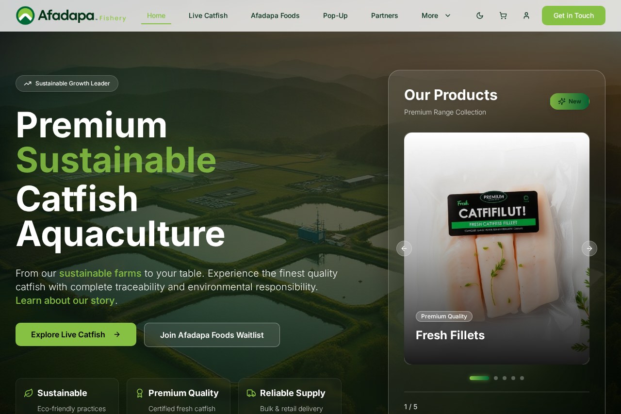 Screenshot: Afadapa Fishery — premium product range