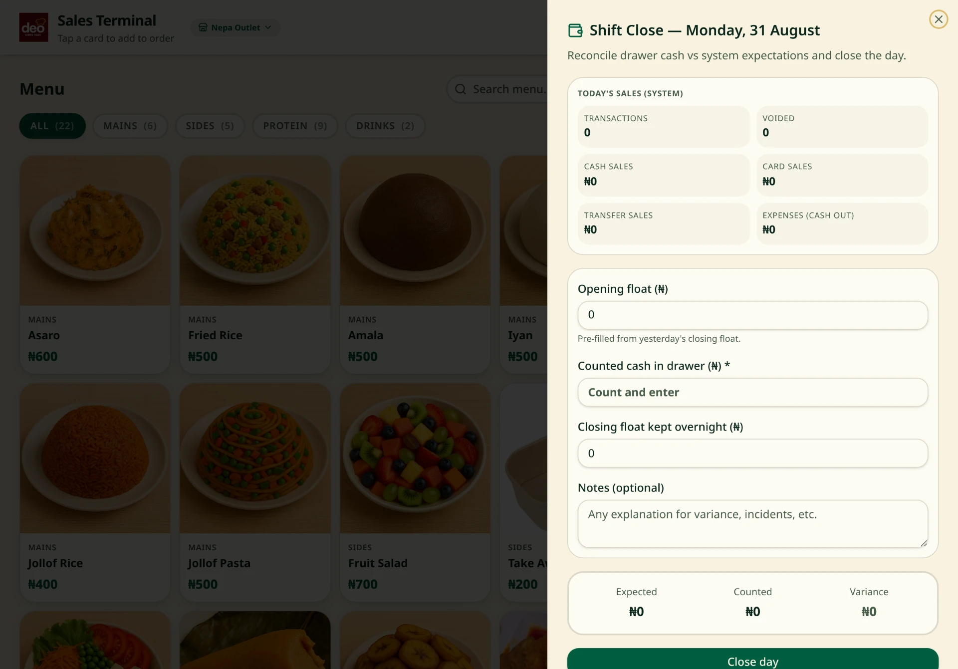 Screenshot: Shift close and cash reconciliation