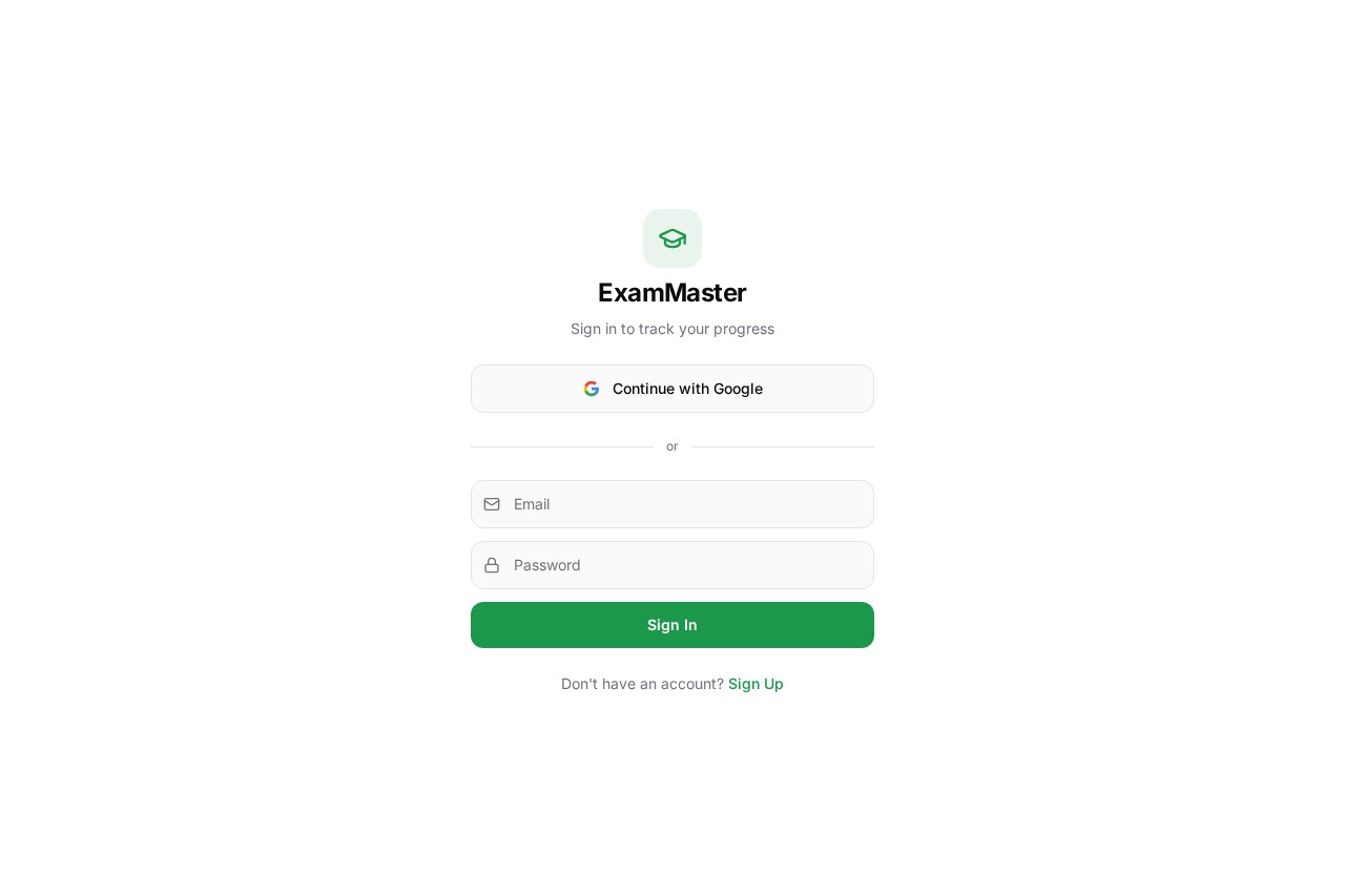Screenshot: ExamMaster sign-in — the live product entry point