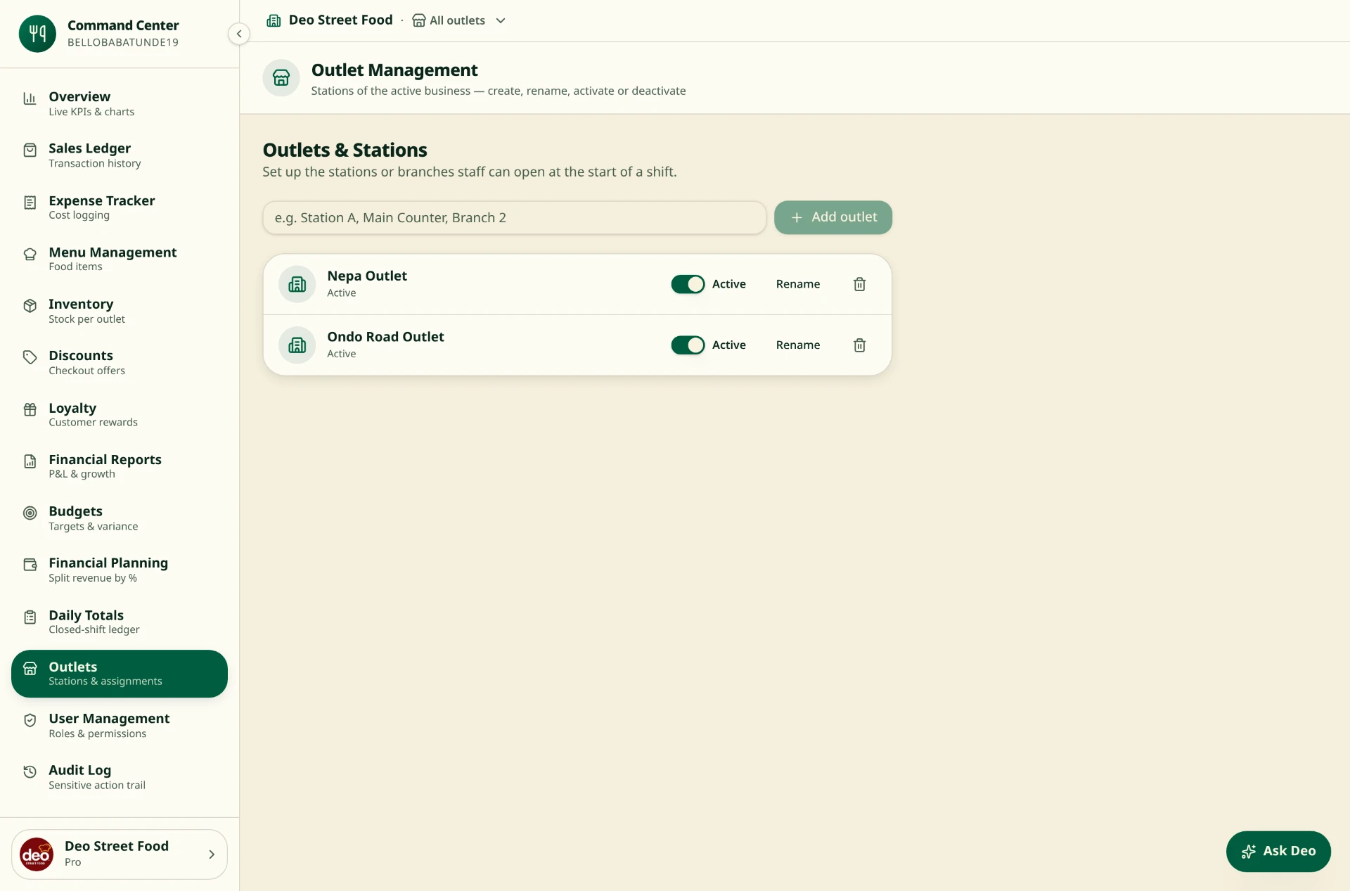Screenshot: Multi-outlet tenant configuration