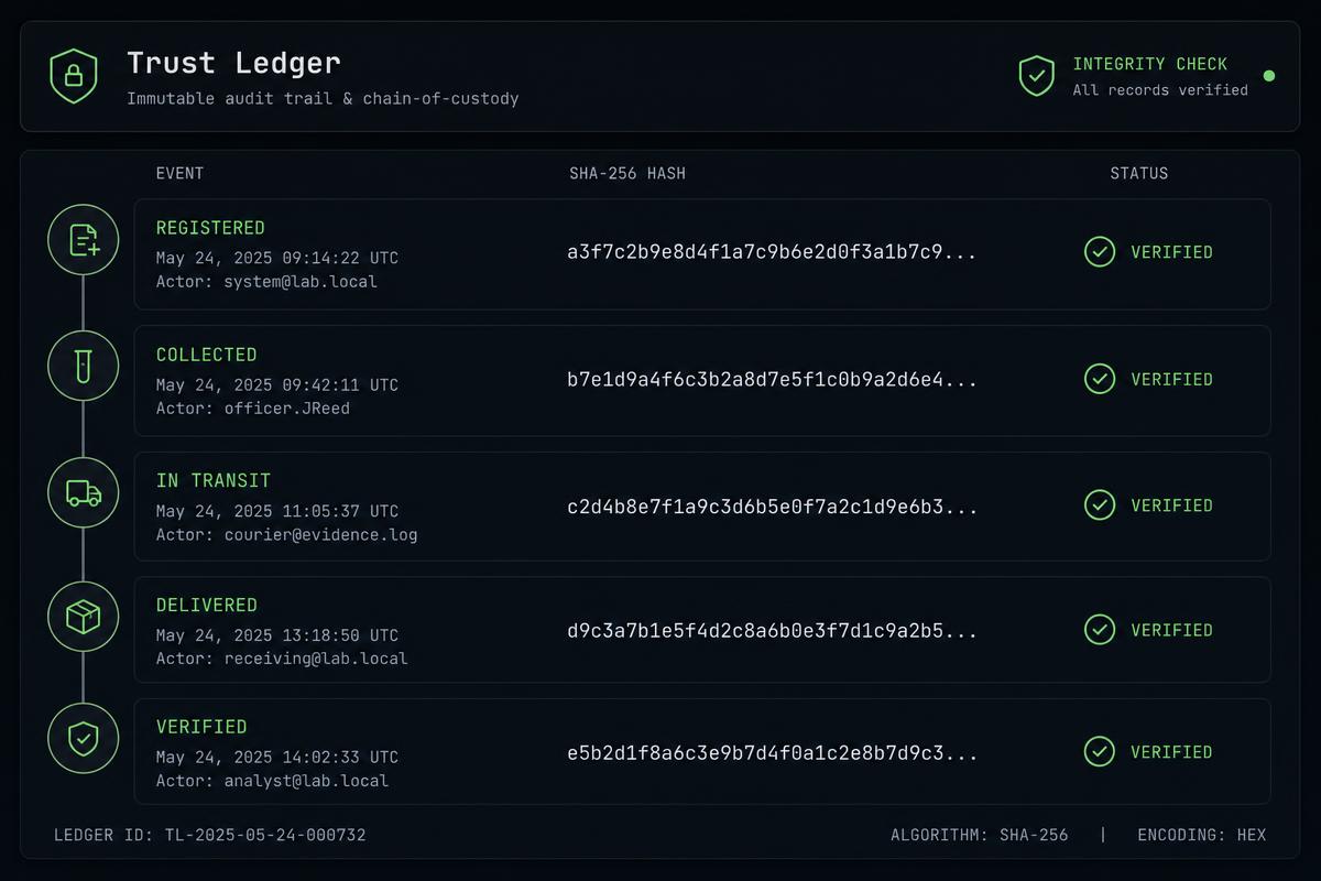 Illustrative reconstruction: Admin trust ledger and verification timeline