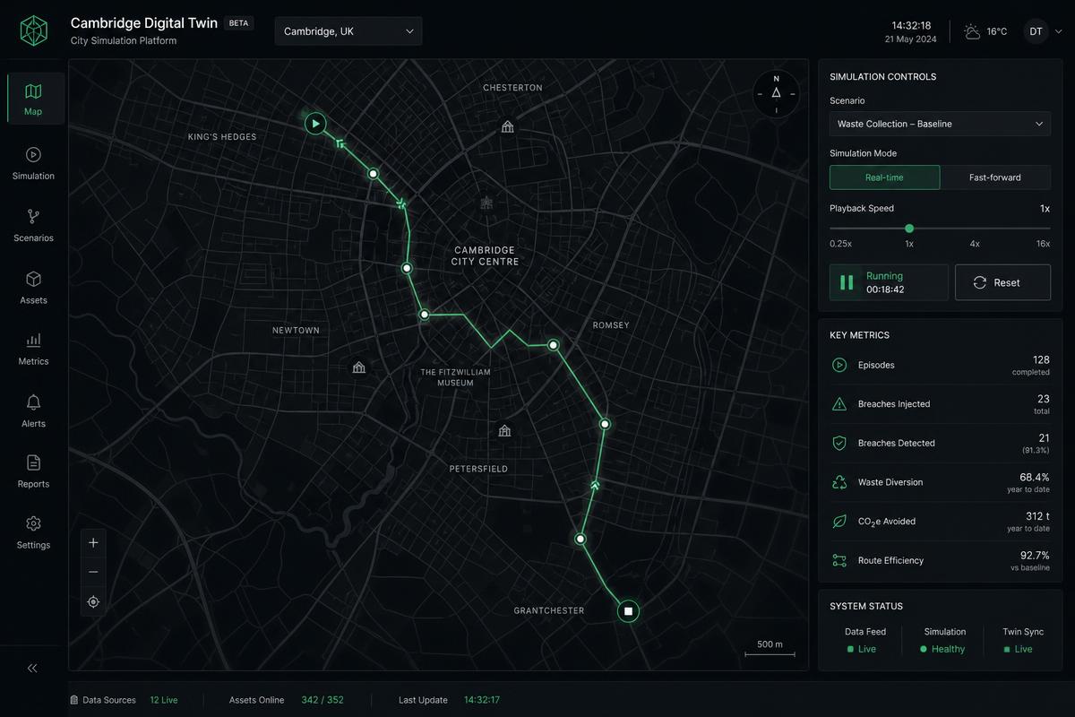 Illustrative reconstruction: Cambridge OSMnx digital twin simulation